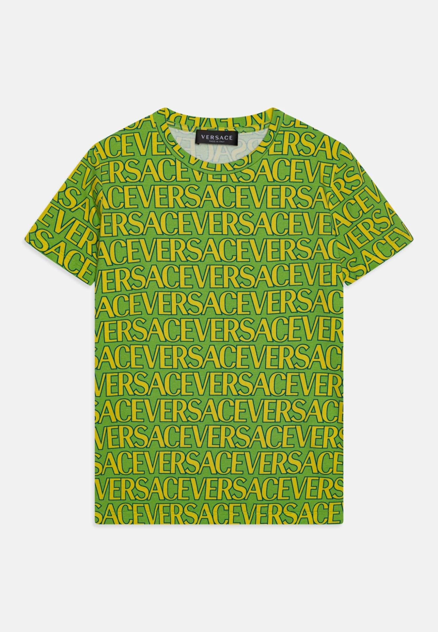 Versace Allover Kids UnisexT-Shirt Con StampaVerde/Lemon Yellow Bambini T-shirt & Top 1VE26G02W-M11 1 Versace Allover Kids UnisexT-Shirt Con StampaVerde/Lemon Yellow Bambini T-shirt & Top 1VE26G02W-M11