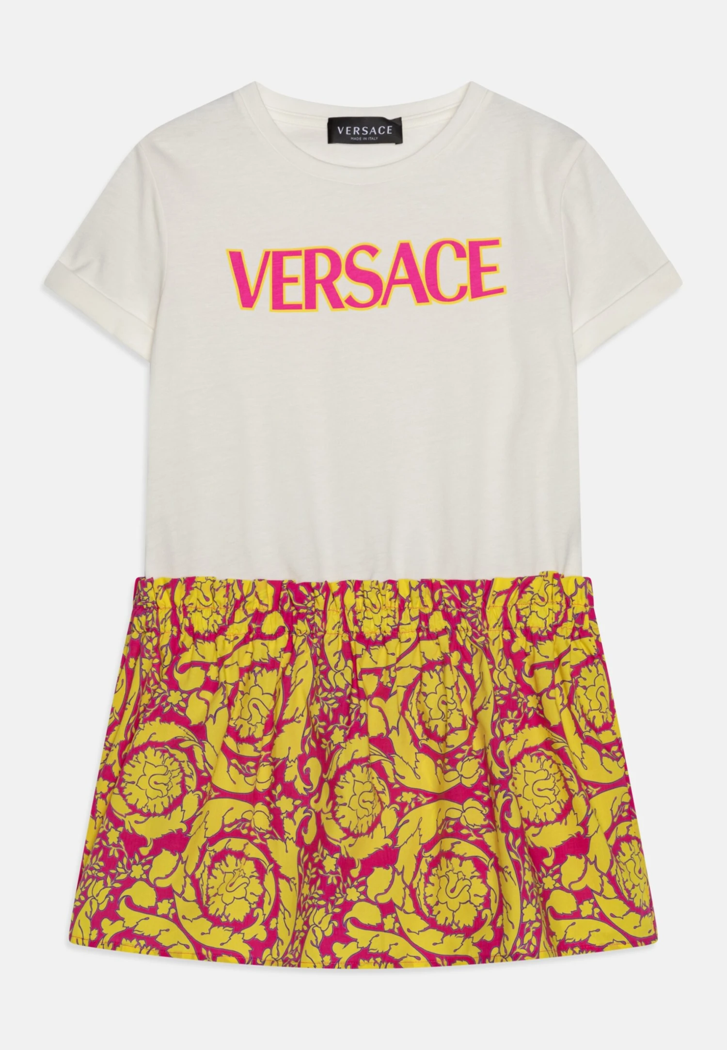 Versace Dress Barocco Silhouette Kids LogoVestito Di MaglinaBianco/Fuxia Giallo Bambini Vestiti 1VE23F01F-A11 1 Versace Dress Barocco Silhouette Kids LogoVestito Di MaglinaBianco/Fuxia Giallo Bambini Vestiti 1VE23F01F-A11