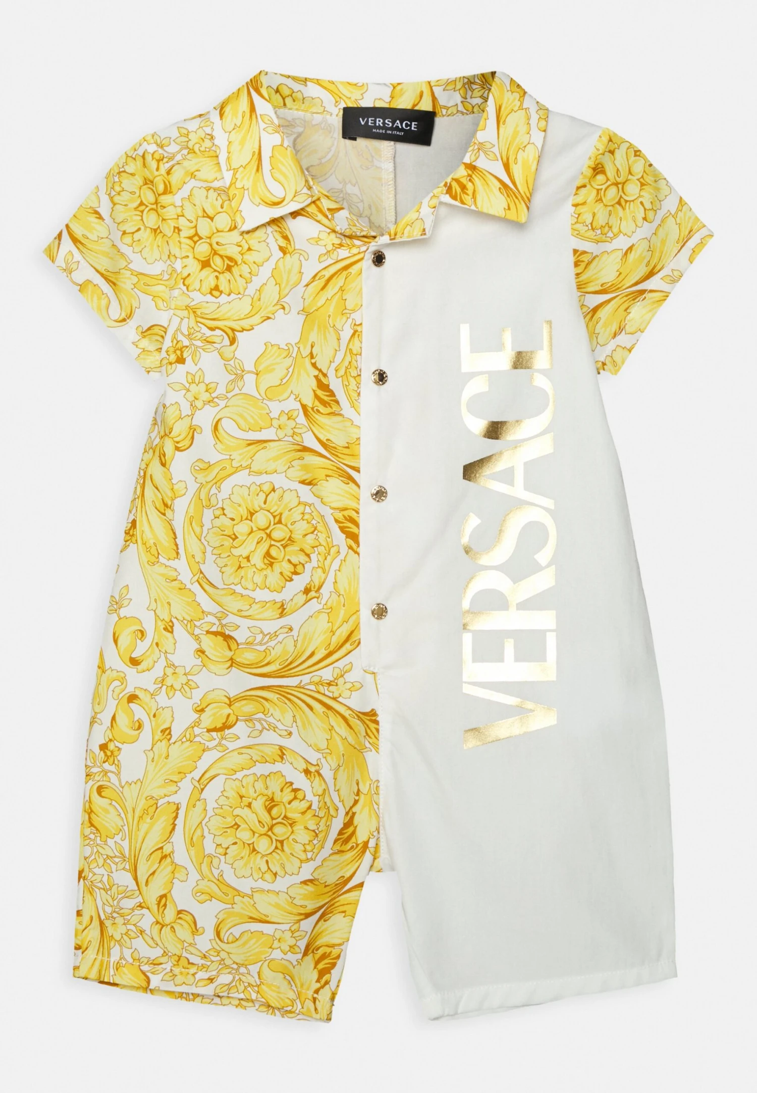 Versace Barocco Kids Logo UnisexTuta JumpsuitBianco/Oro Bambini Tute E Set 1VE26D00K-F11 1 Versace Barocco Kids Logo UnisexTuta JumpsuitBianco/Oro Bambini Tute E Set 1VE26D00K-F11