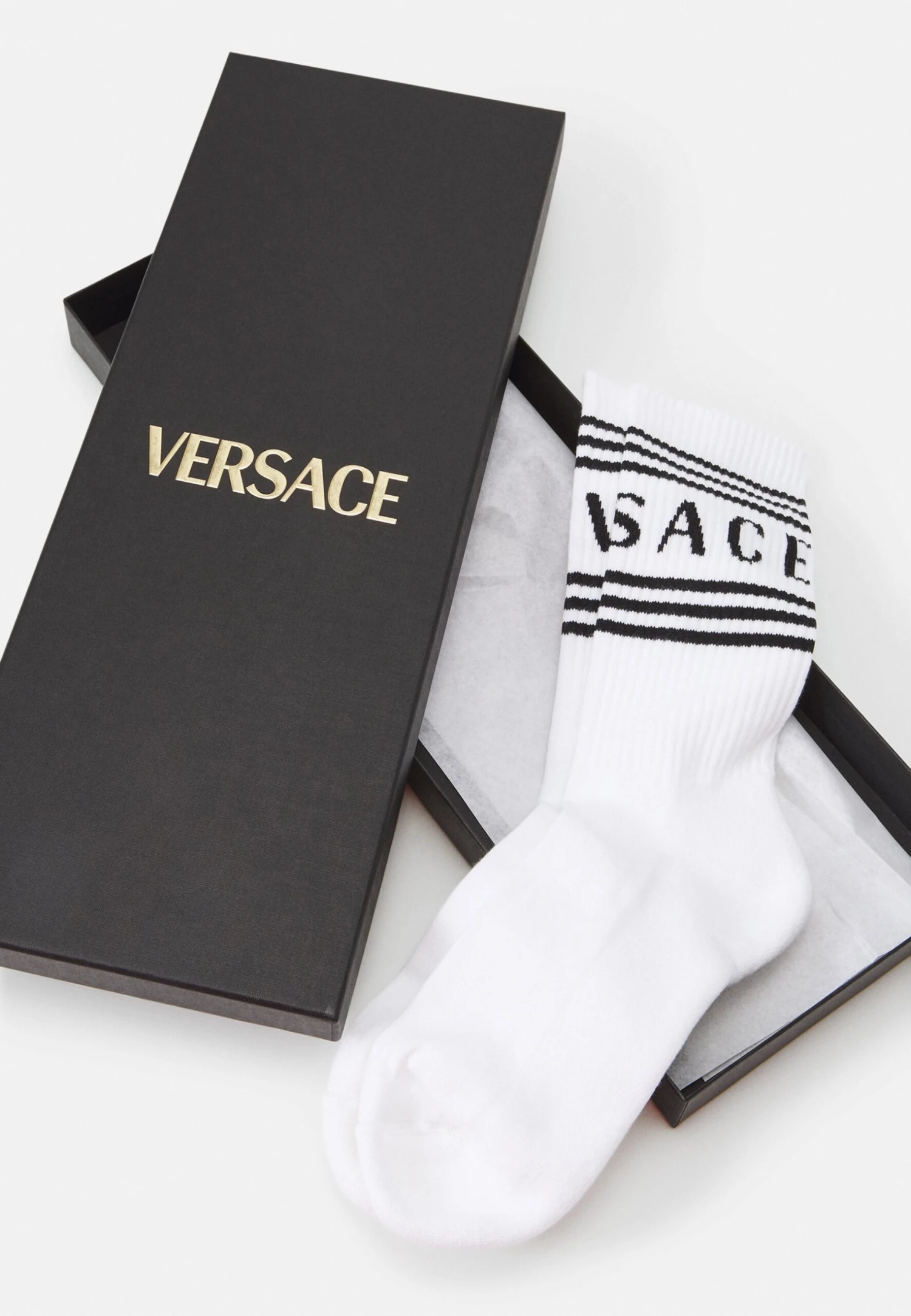 Versace Athletic Socks Bio Sponge Socks Written StripesCalzeWhite/Black Uomo Intimo 1VE810000-A11 2 Versace Athletic Socks Bio Sponge Socks Written StripesCalzeWhite/Black Uomo Intimo 1VE810000-A11 - immagine 2